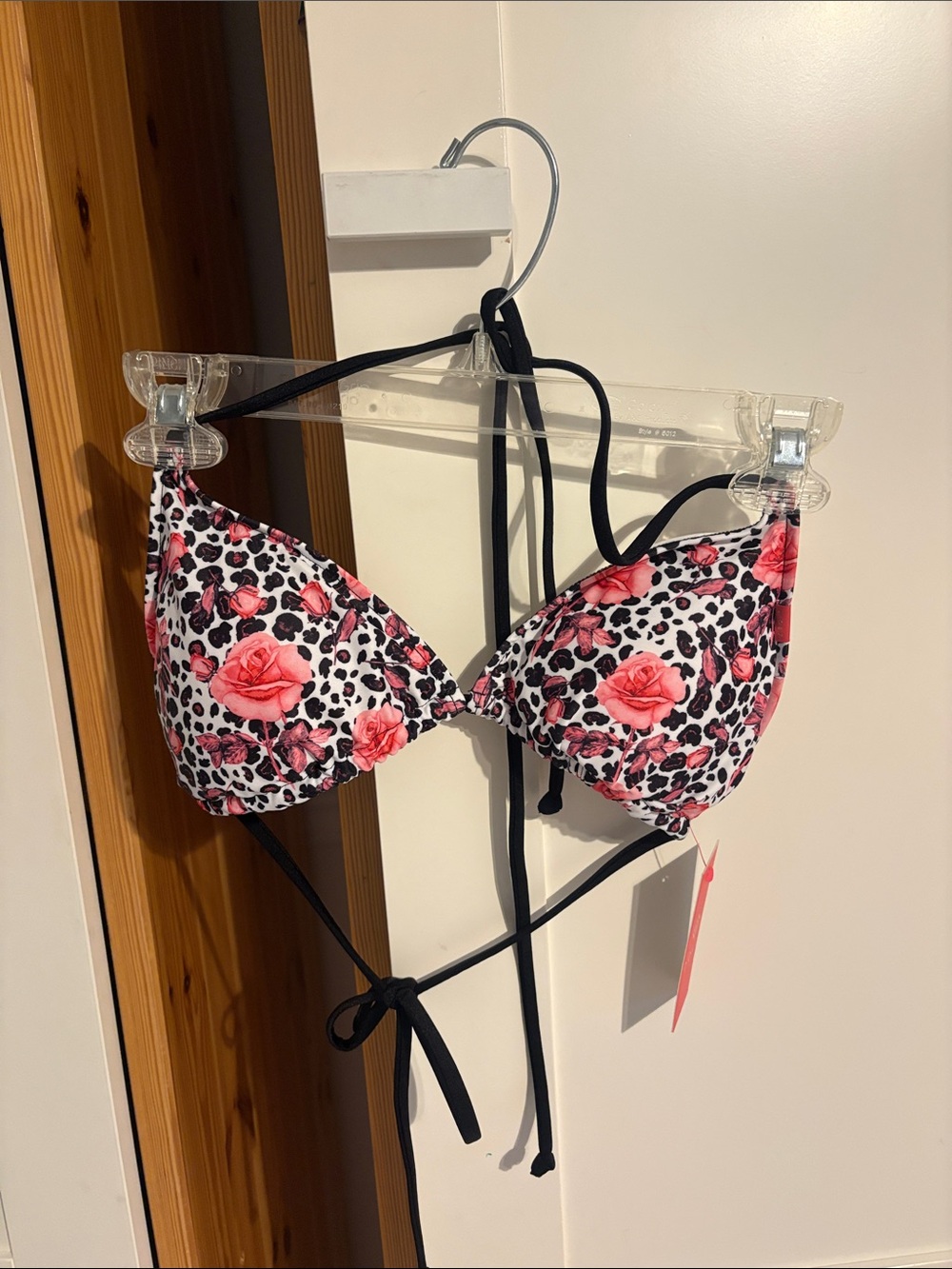 Doll.com Floral Rose & Leopard Print Bikini Top - Pink, Black, White